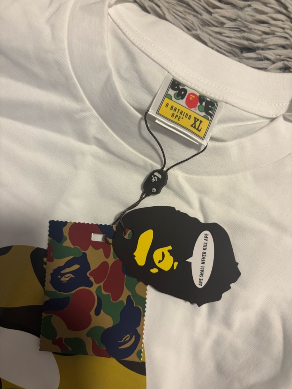 Bape White Tee with Yellow & Black Camo Ape Head - Picture 3 of 4